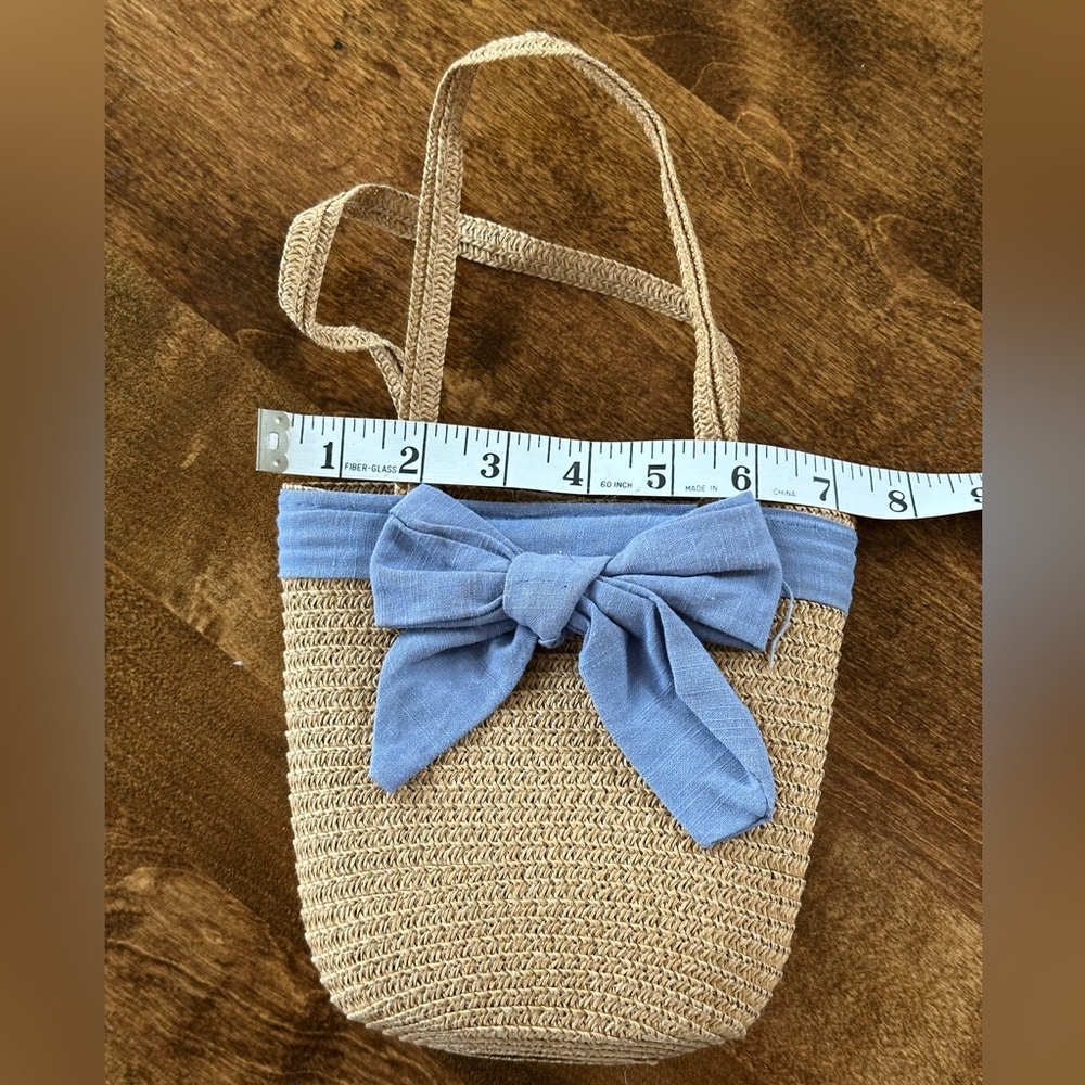 Blue and Tan Woven Tote Bag with Bow